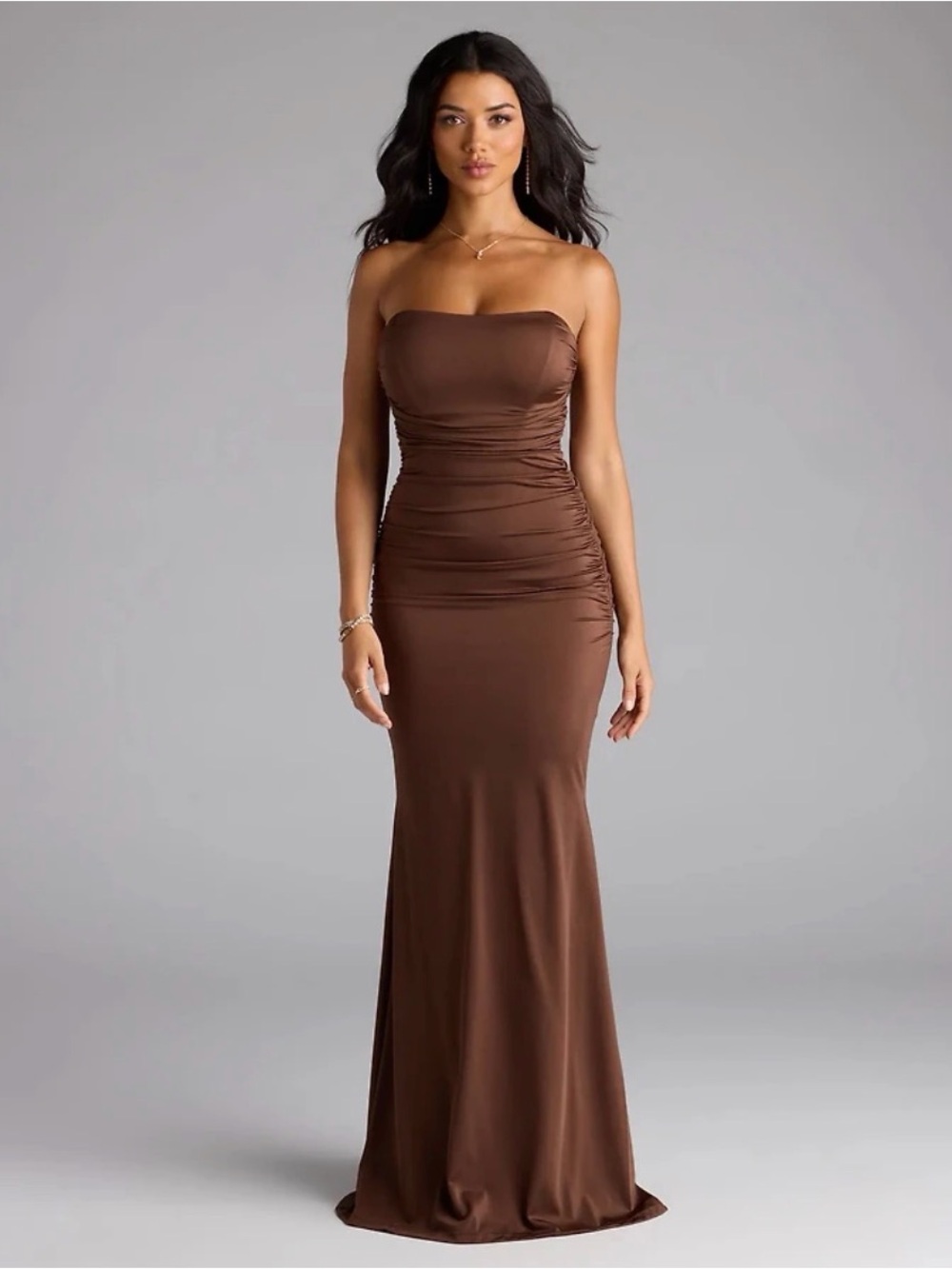 Windsor Strapless Brown Ruched Evening Dress